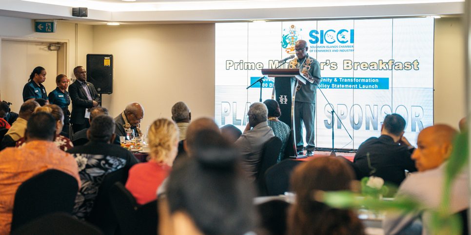 Prime Minister Hon Jeremiah Manele delivers his speech during the Prime Ministers Breakfast organised by SICCI earlier this year