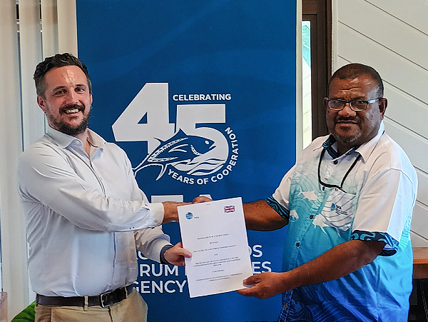 British High Commissioner to the Solomon Islands. H.E Thomas Edward Coward and FFA Director-General Noan Pakop signed the MOU on 6 December 2024 at the FFA Headquarters in Honiara. Photo supplied.