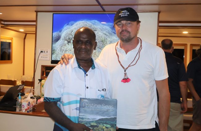 Prime Minister Hon. J. Manele and Ocean Conservation advocator and Hollywood star Leonardo DiCaprio onboard Research vessel ARGO.