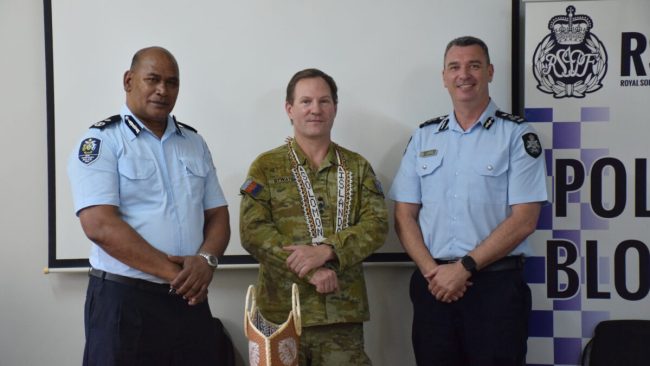 RSIPF Commissioner Mostyn Mangau, Colonel Bywater and AFP RAPPP Commander Davies