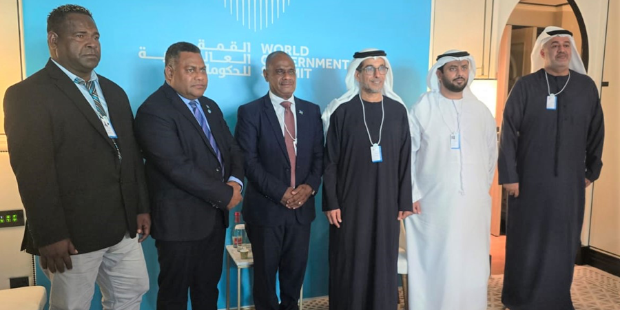 PM Manele and H.E Al Suwaidi (centre). Minister of Planning Hon. Ramofafia and MP for West kwaio Hon. Teiífi to the PM’s right and senior ADFD officials