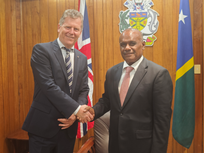 Prime Minister Honorable Jeremiah Manele, MP, and British High Commissioner to Solomon Islands, His Excellency, Paul Turner.