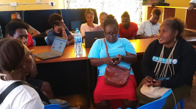 Participants took part in practical session at the CANVA training at Auki youth Hub centre last week.photo. Auki youth hub