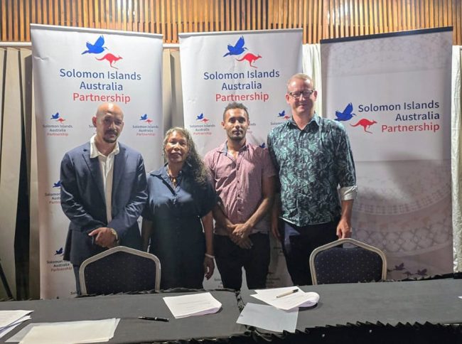 Member of Parliament (MP) for Shortlands, Junior Isikeli Vave. Caroline Laore, AHCRodney Hilton and CPO Jonathan Vave after the signing of the new Maleai Market house project