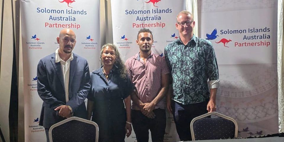 Member of Parliament (MP) for Shortlands, Junior Isikeli Vave. Caroline Laore, AHCRodney Hilton and CPO Jonathan Vave after the signing of the new Maleai Market house project