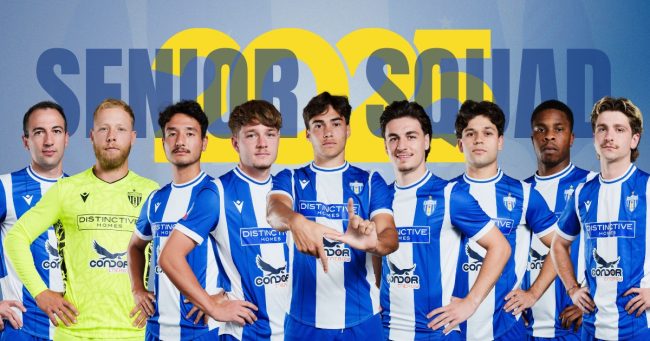 Boyers (centre) with his trademark ‘H’ goal celebration scores two goals for the Hellas on Saturday. Photo by West Adelaide FC
