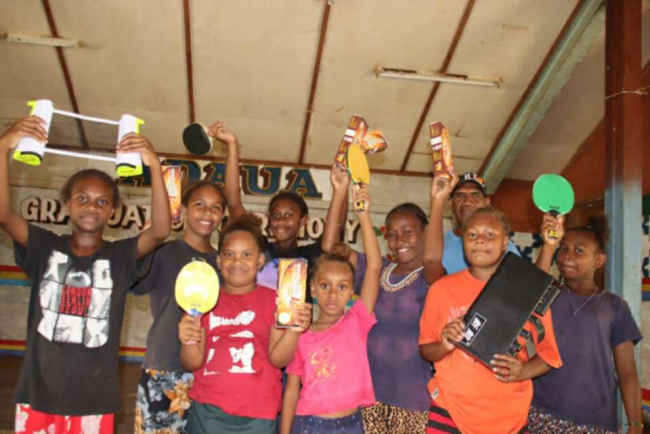 Kids at the Adaua school in Malaita province posing with the table tennis equipments handed by HTTA and SDB. Photo supplied.