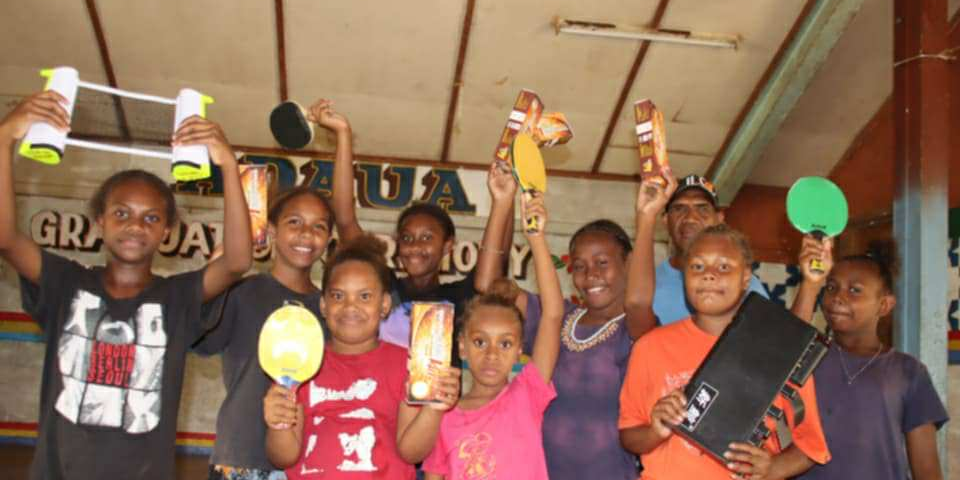 Kids at the Adaua school in Malaita province posing with the table tennis equipments handed by HTTA and SDB. Photo supplied.