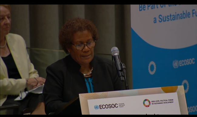 Solomon Islands Ambassador to the United Nations and the Americas, Her Excellency Jane Mugafalu Kabui Waetara delivering her statement.