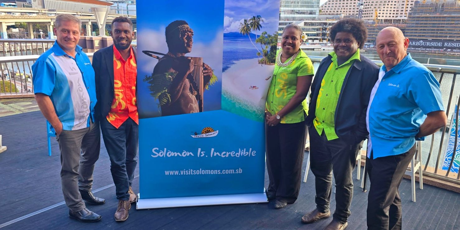 Tourism Solomons Australian team with senior management – from left to right – Richard Skewes, Brenden Mautoa, Fiona Teama, Dagnal Dereveke and Mike Parker-Brown