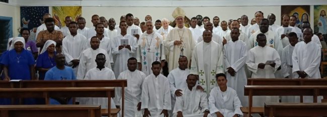 His Excellency Maurizio Bravi, Apostolic Nuncio to PNGSI, with His Grace Archbishop Christopher Cardone OP, priests, seminarians, and Daughters of Mary Immaculate (DMI) Sisters at the HNMS