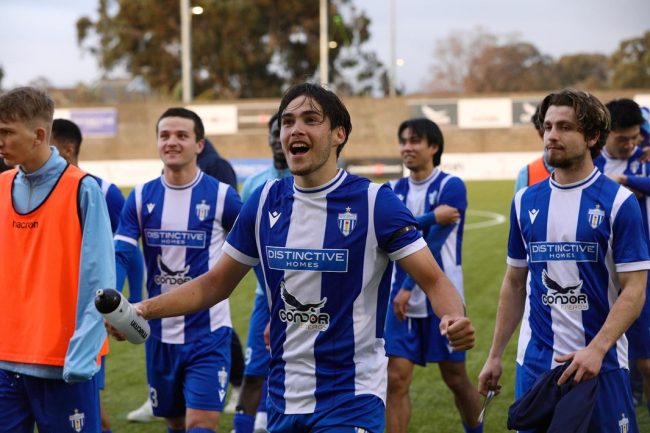 Rovu Boyers celebrates with West Adelaide team-mates in Round 19. He scored one goal on Saturday. Photo by West Adelaide
