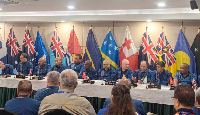 Fifteen of the 18 Pacific Islands leaders sign the Pacific Resilience Facility at Heritage Park Hotel last night.