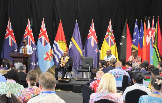 Prime Minister Hon. Manele delivering the 2025 Pacific Labour Mobility annual meeting keynote address