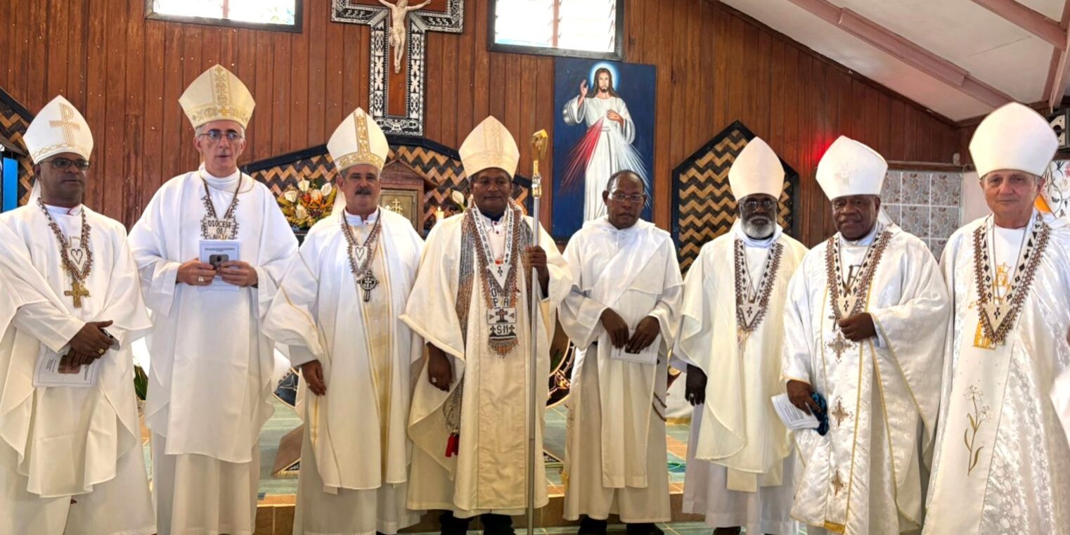Group photo of the bishops and archbishop with the newly consecrated Bishop of Auki, Jacob Aba, following the Episcopal Ordination at St. Augustine Cathedral, Auki.