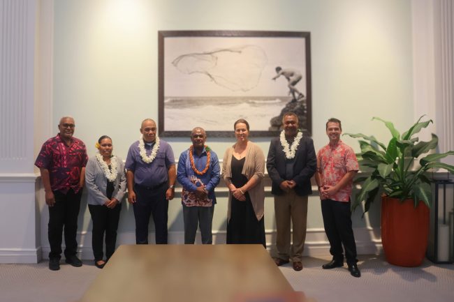 PM Manele and Ms Aulani Wilhelm with senior Government officials and Mr Kāwika Riley from Nia Tero
