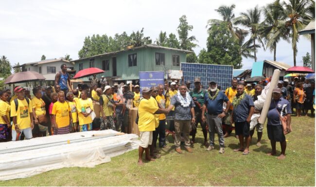The Member of Parliament for Fataleka Constituency and Minister of Finance, Honourable Rex Ramofafia, hands over project goods and supplies to the Fataleka communities.